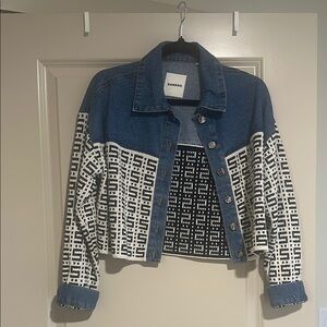 Sandro Blue and White Jean Jacket with Geometric Design